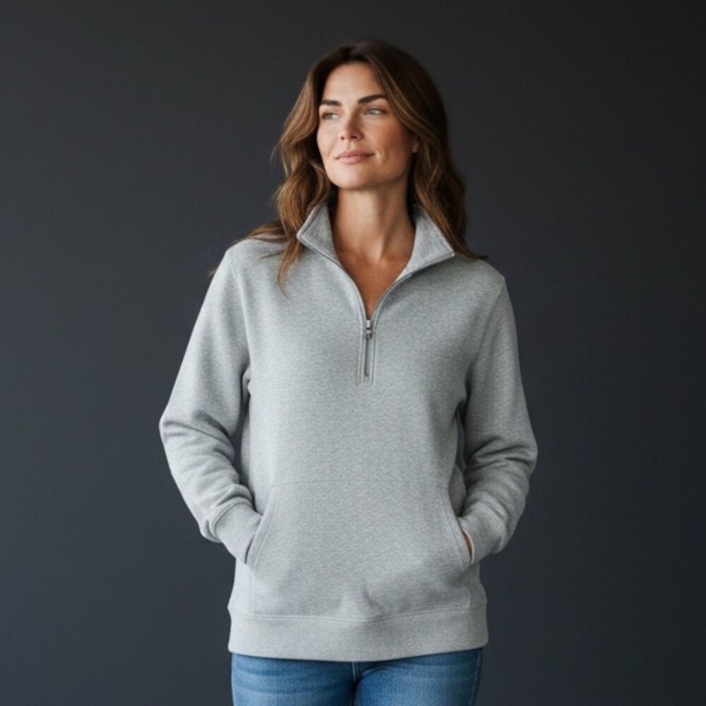 LL Bean Sweatshirt Womens L Gray 1/4 Zip Pullover Pockets Stretch Hiking 511054